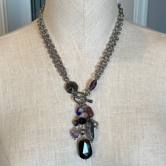 Purple glass bead dangle toggle style double chain necklace - Picture 1 of 8